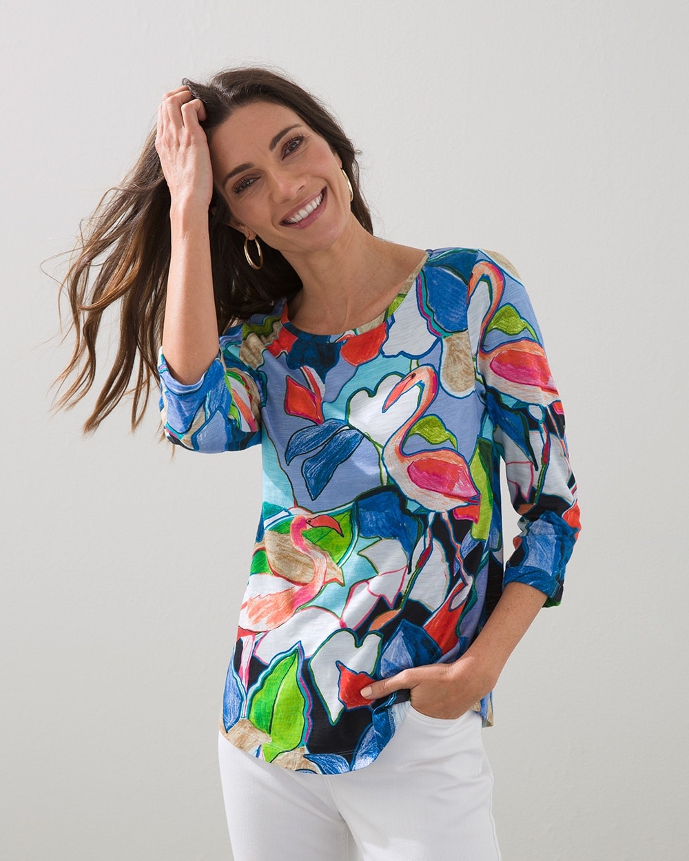 3/4 Sleeve Tropical Print Slub Tee