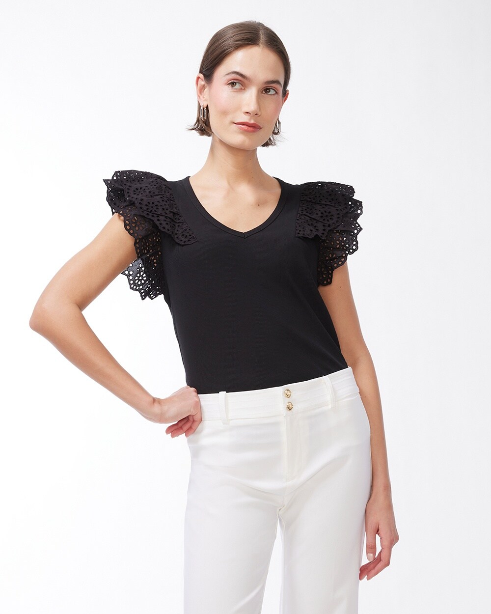 Ribbed Eyelet Flutter Sleeve Tee