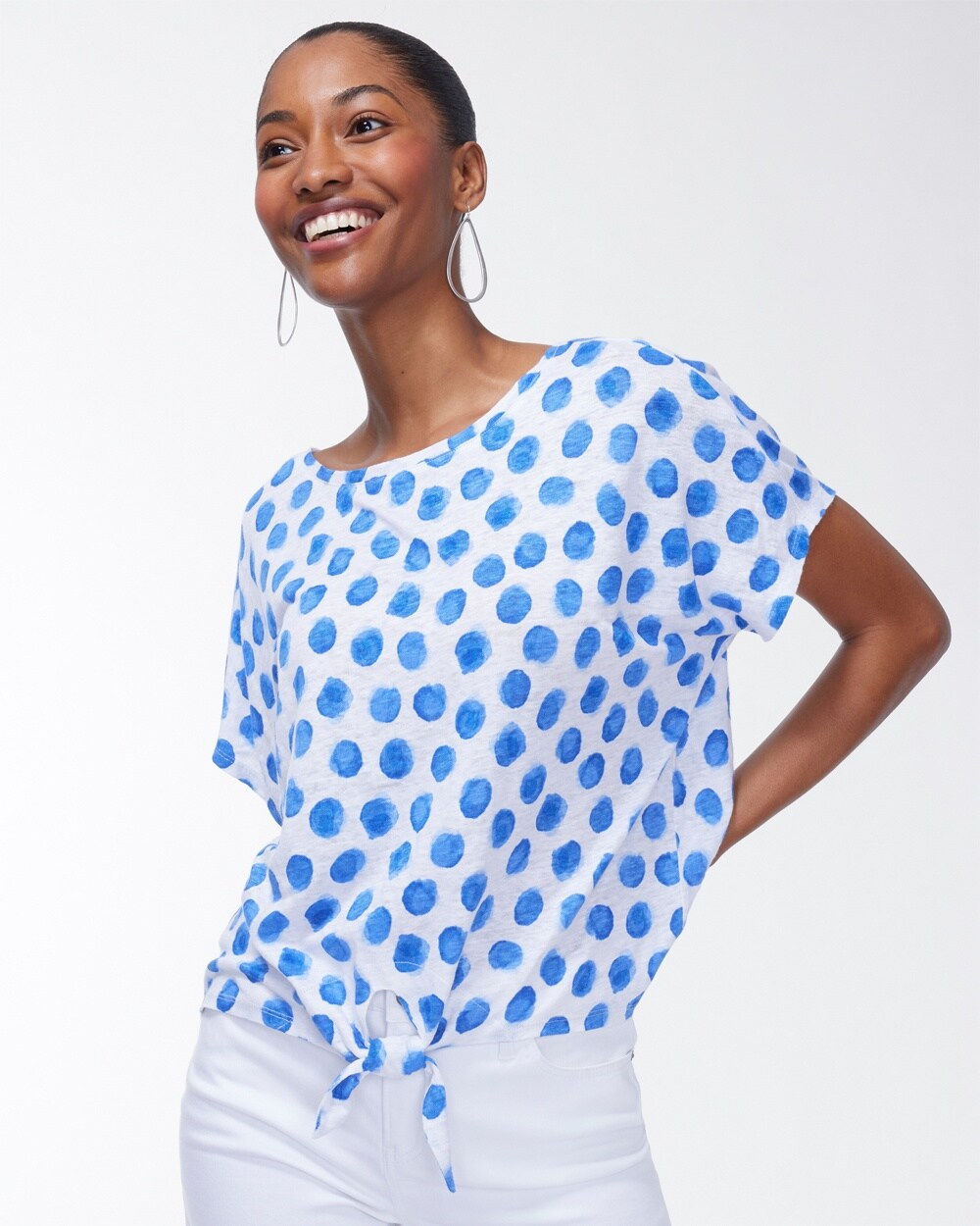 Linen Blue Dots Tie Front Tee