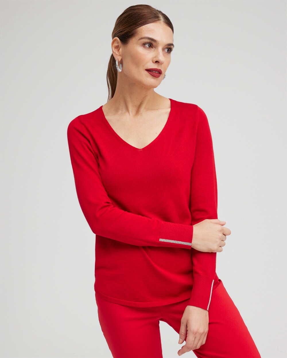 Caviar Trim V-Neck Pullover Sweater