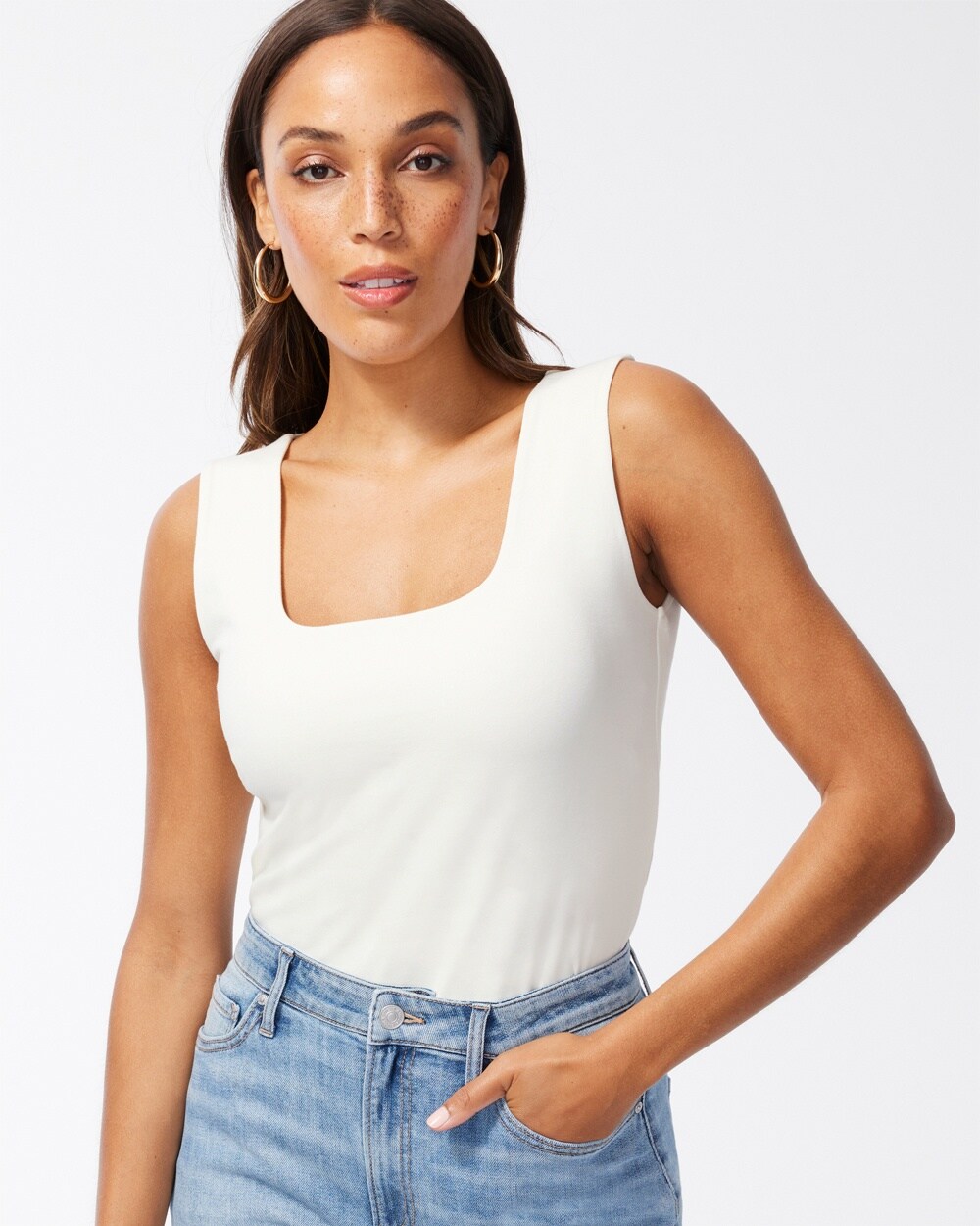 Contour Cotton White Square Neck Tank