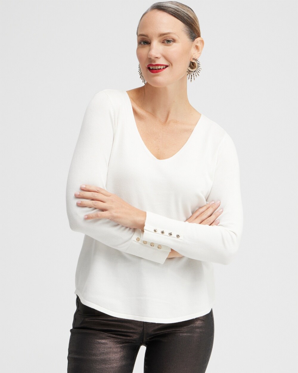 Button Cuff V-neck Pullover Sweater