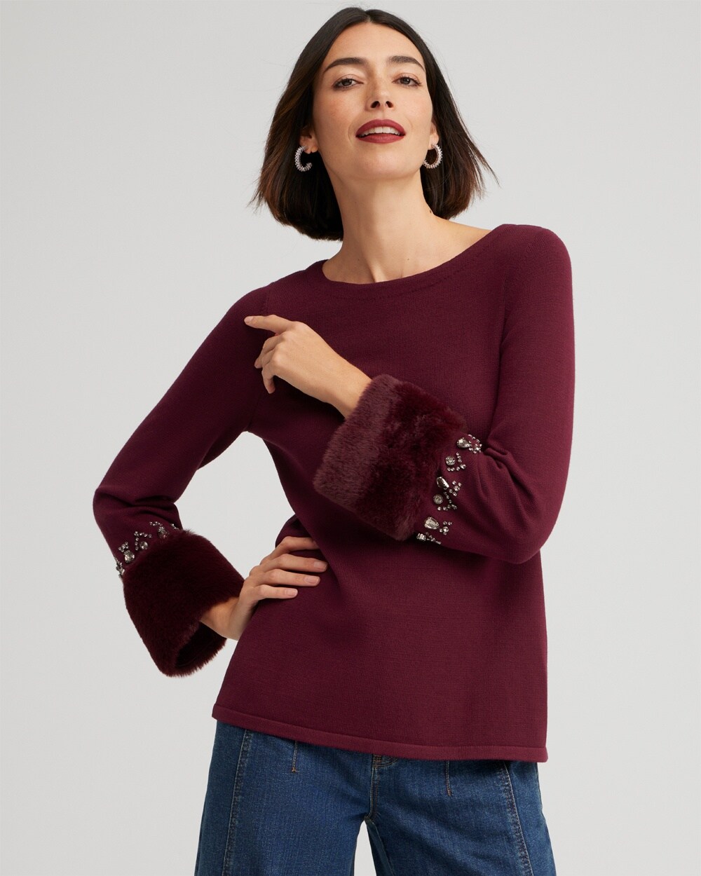 Faux Fur Trim Embellished Sweater