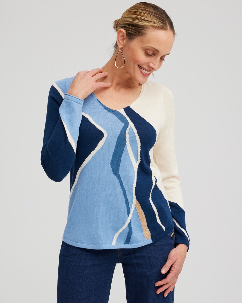 Spun Rayon Intarsia V-neck Pullover