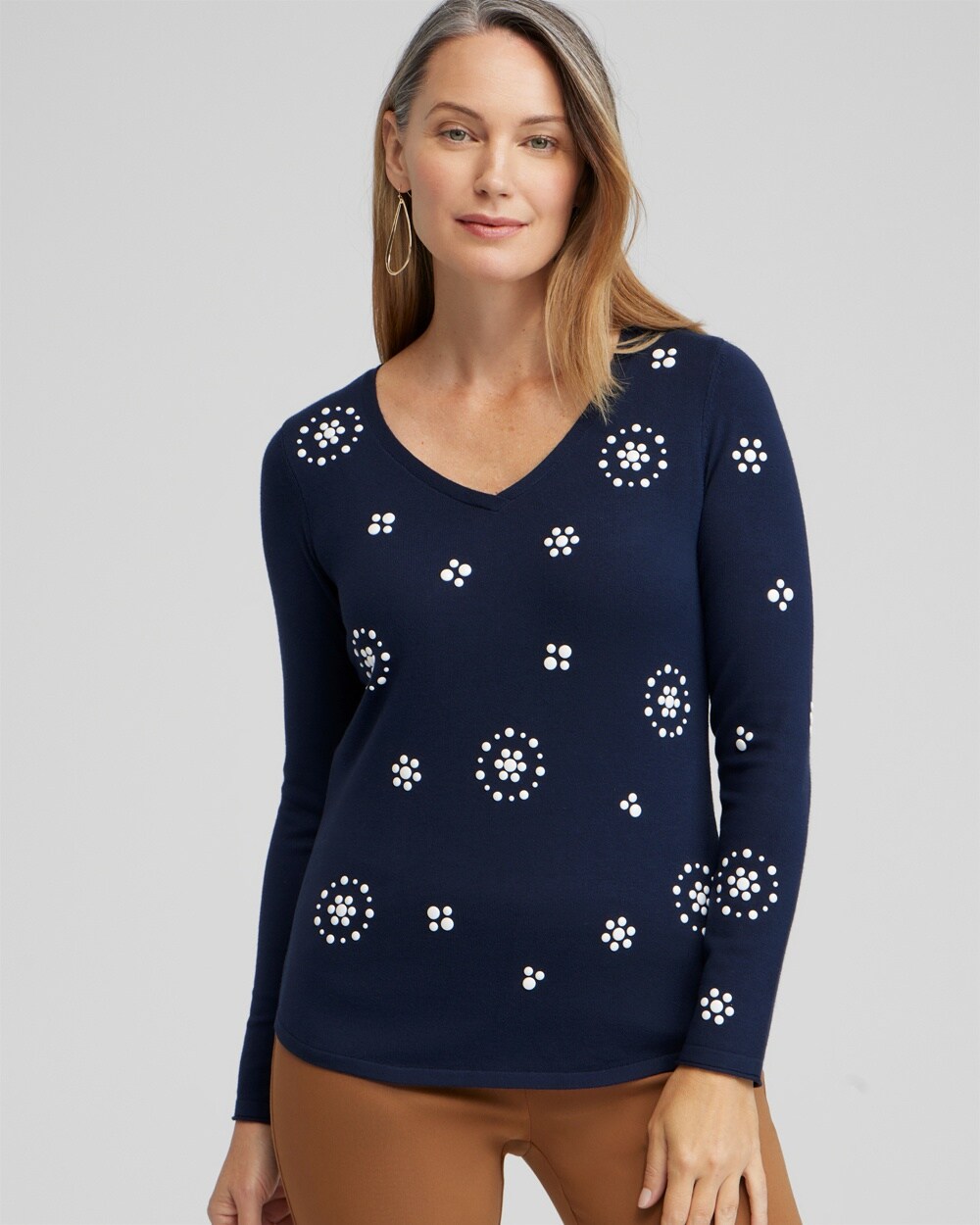 Spun Rayon Embellished V-neck Pullover