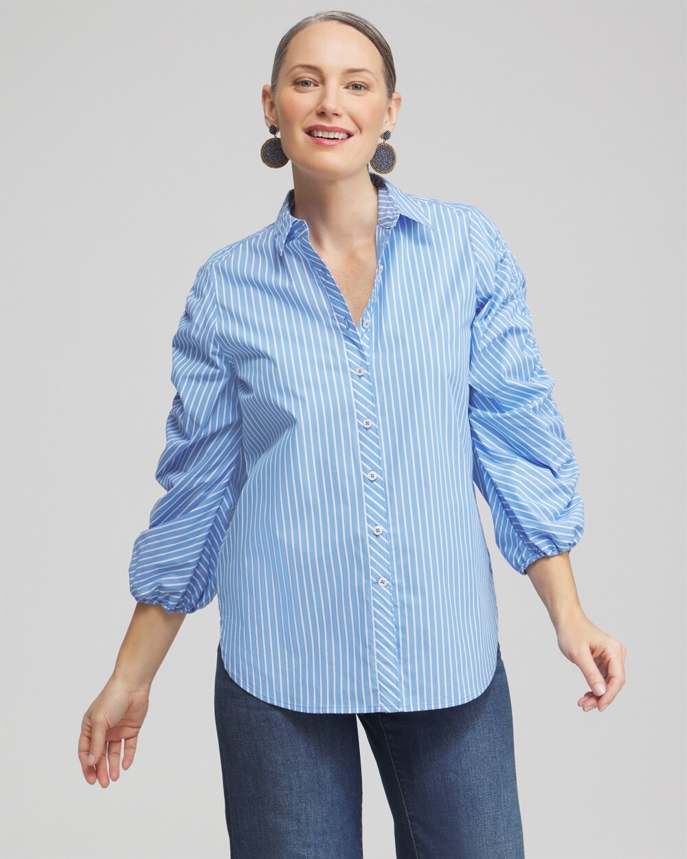 Poplin Stripe Ruched Sleeve Shirt