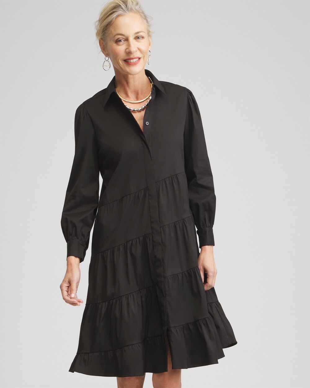 Poplin Asymmetrical Tiered Shirt Dress