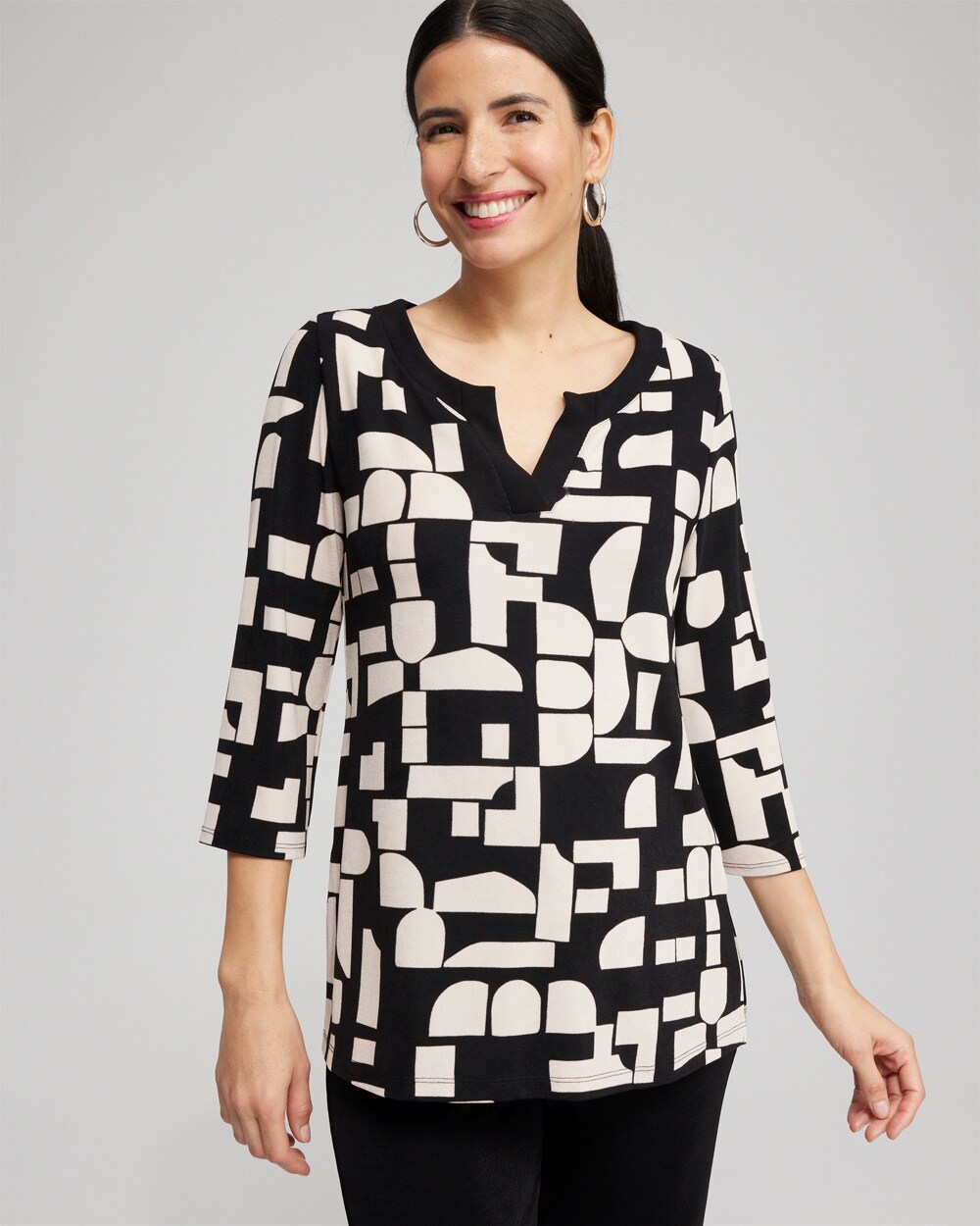 Travelers&#8482; Block Print Split Neck Top