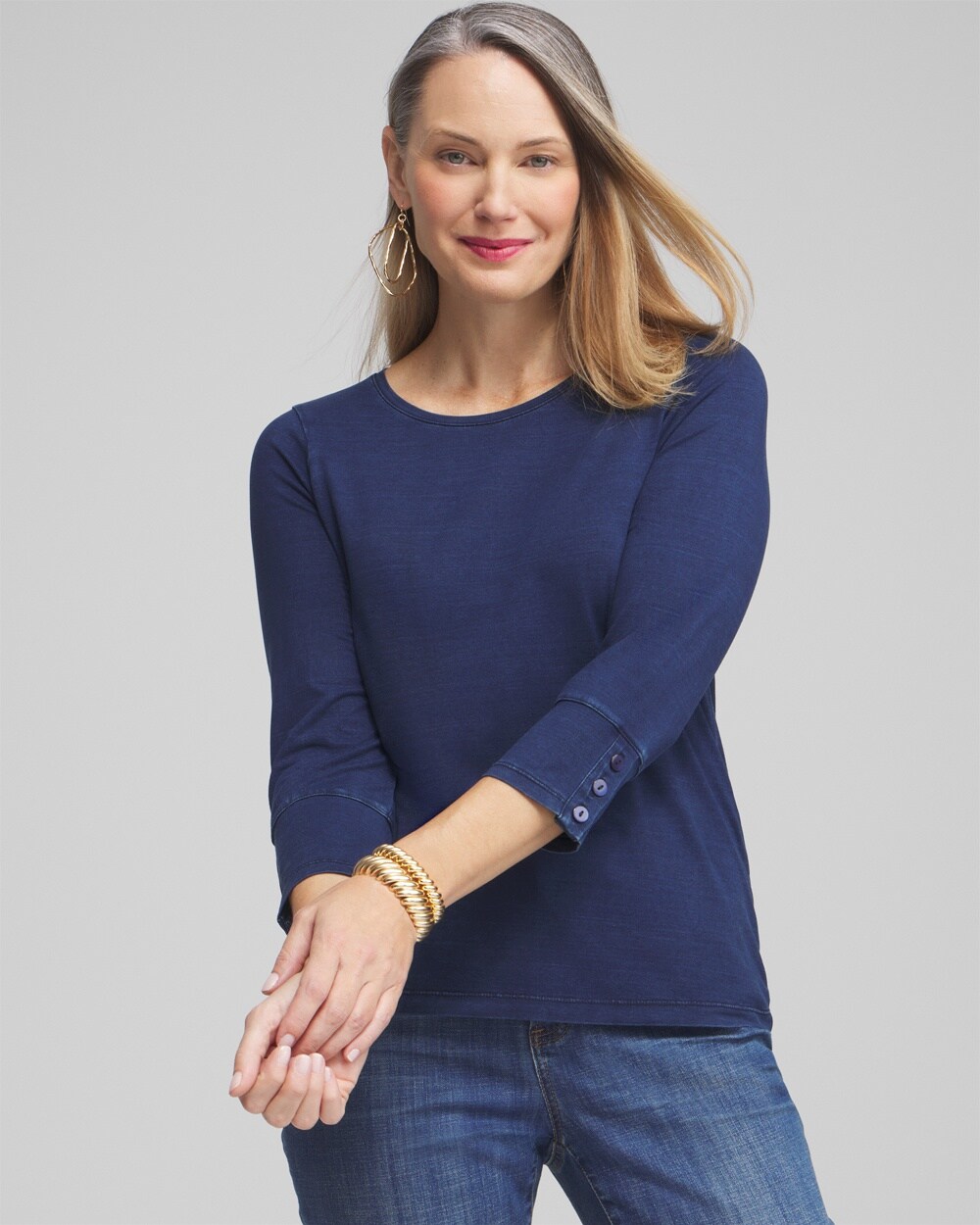 Faux Denim 3/4 Sleeve Button Tee