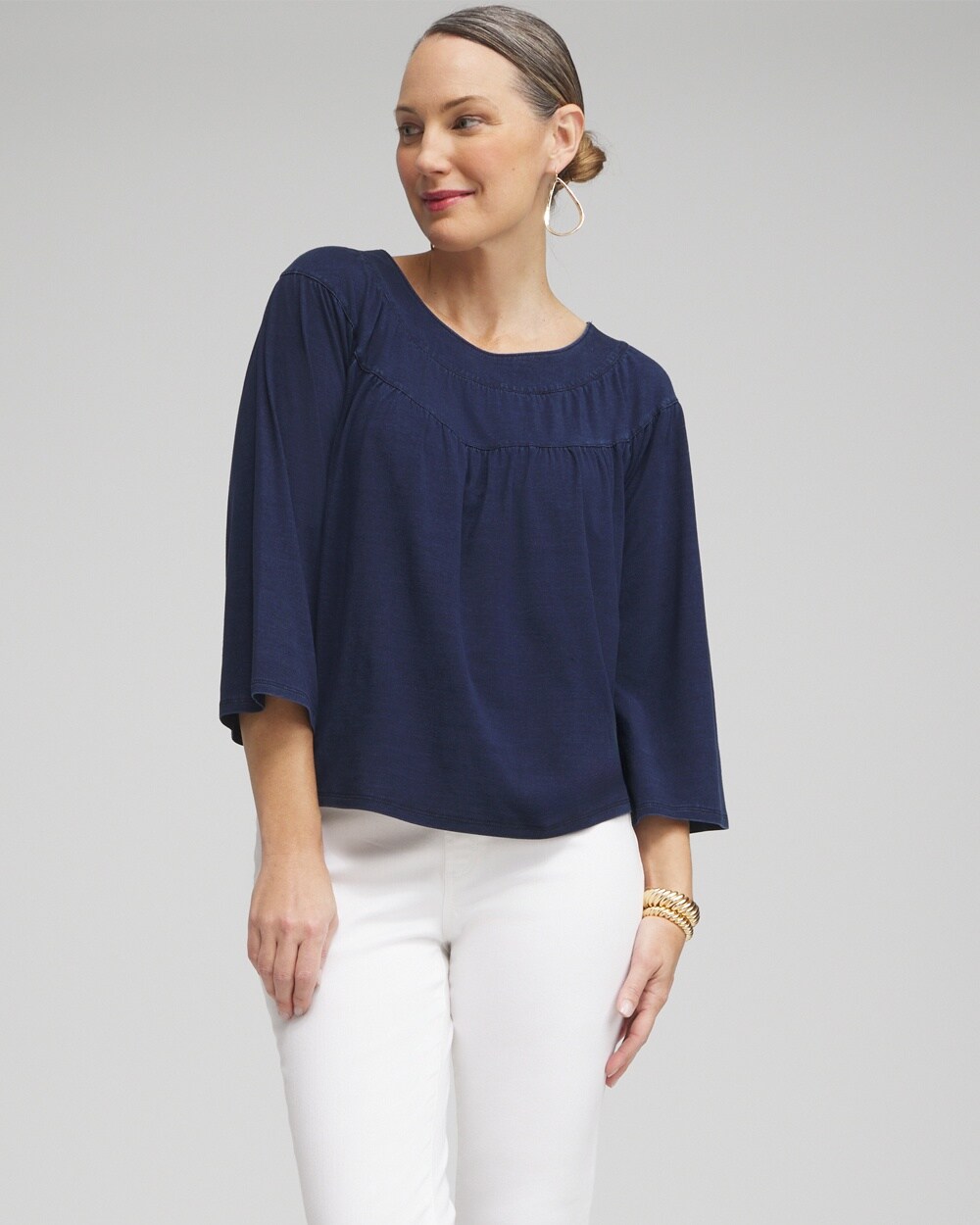 Faux Denim Eyelet Trim Top