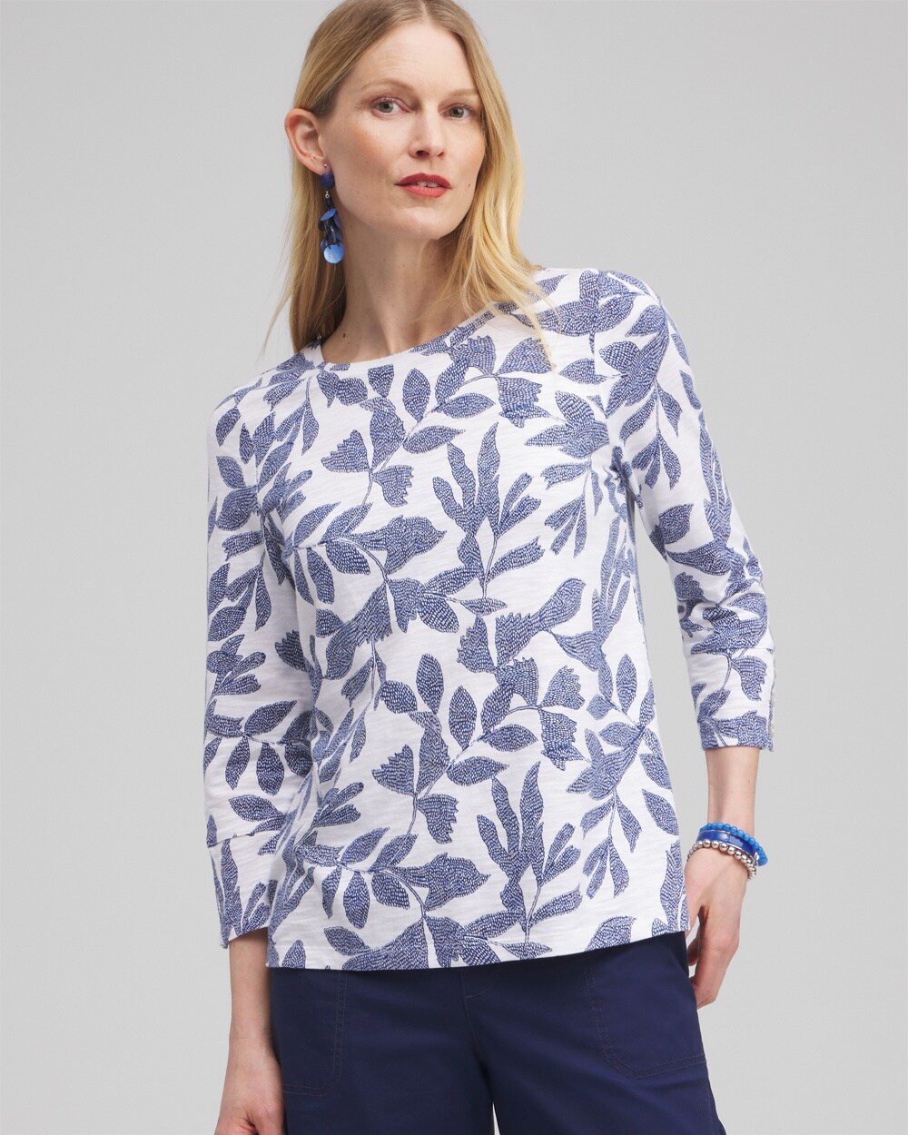 Leaf Print 3/4 Sleeve Button Tee