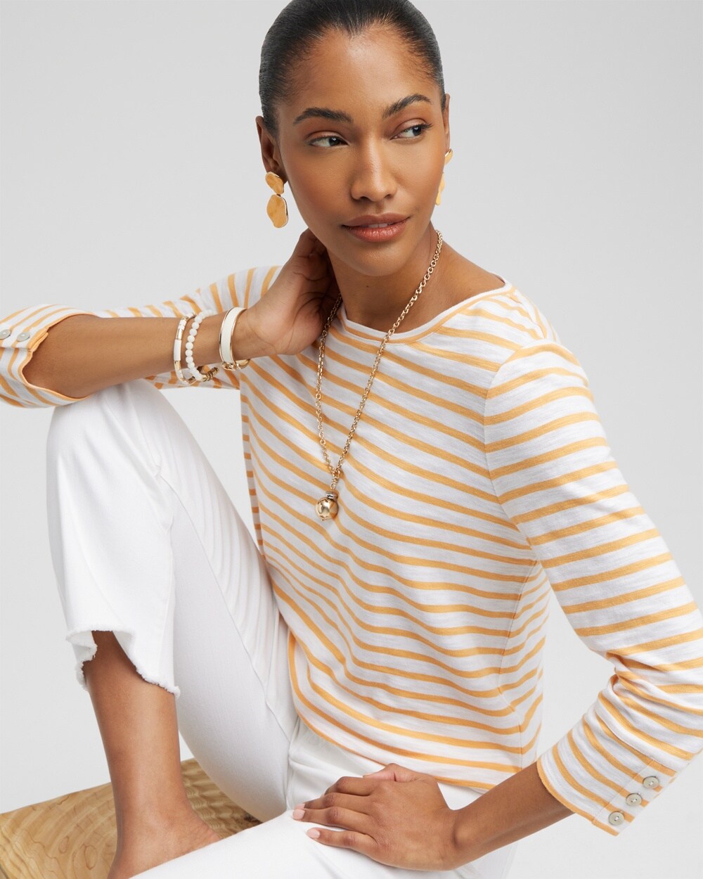 Stripe 3/4 Sleeve Button Tee