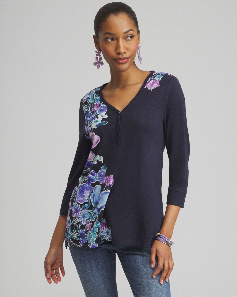 Floral Henley Side Slit Tunic