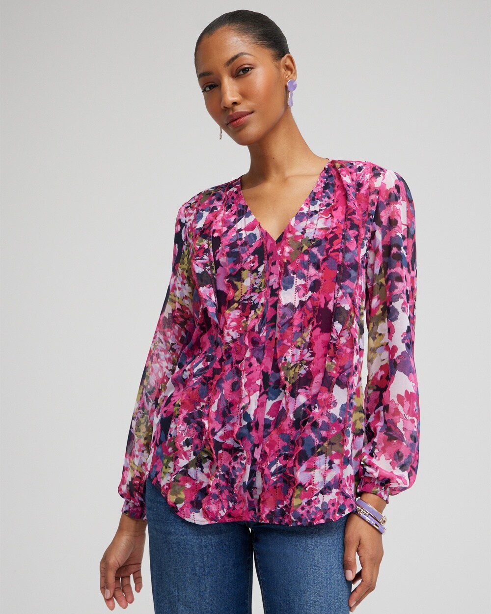 Chiffon Floral Ruffle Blouse