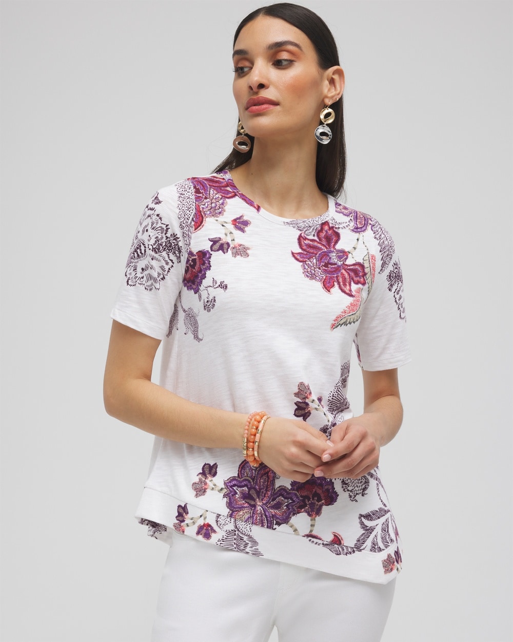 Floral Asymmetrical Elbow Sleeve Tee