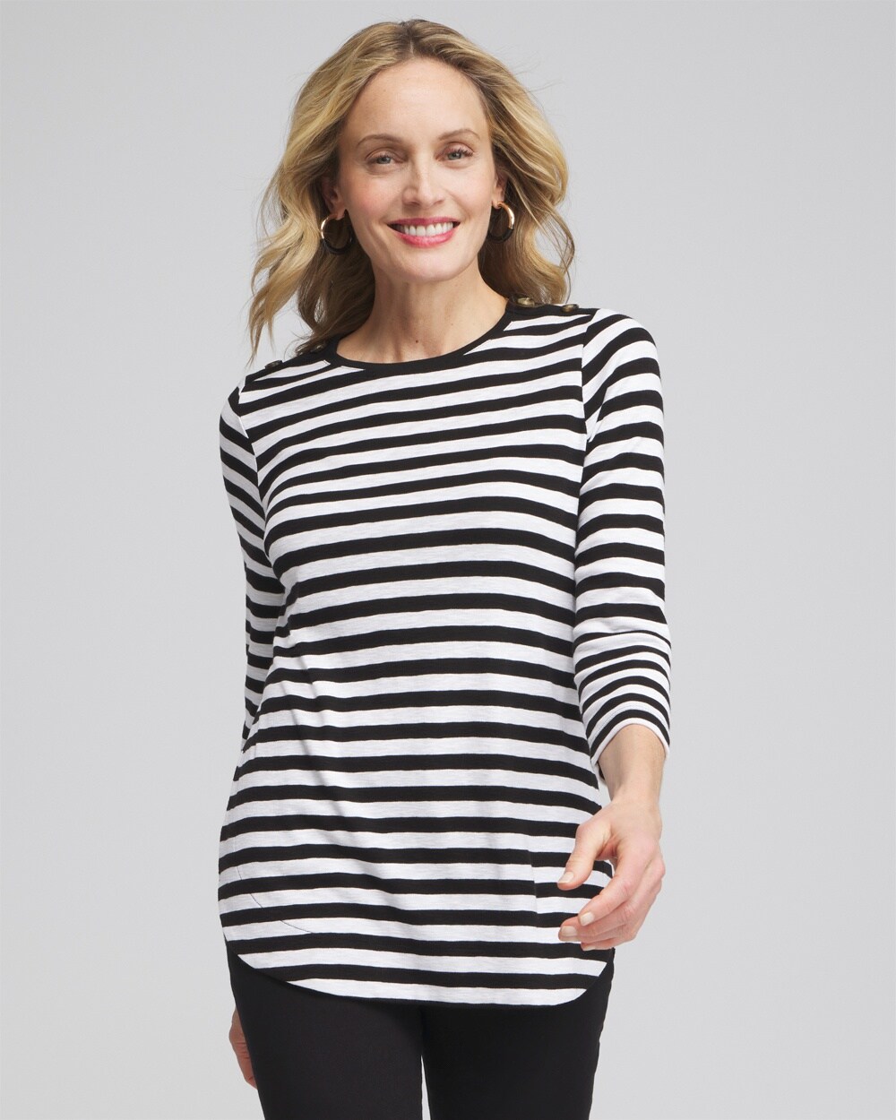 Stripe Button Trim Ribbed Tunic