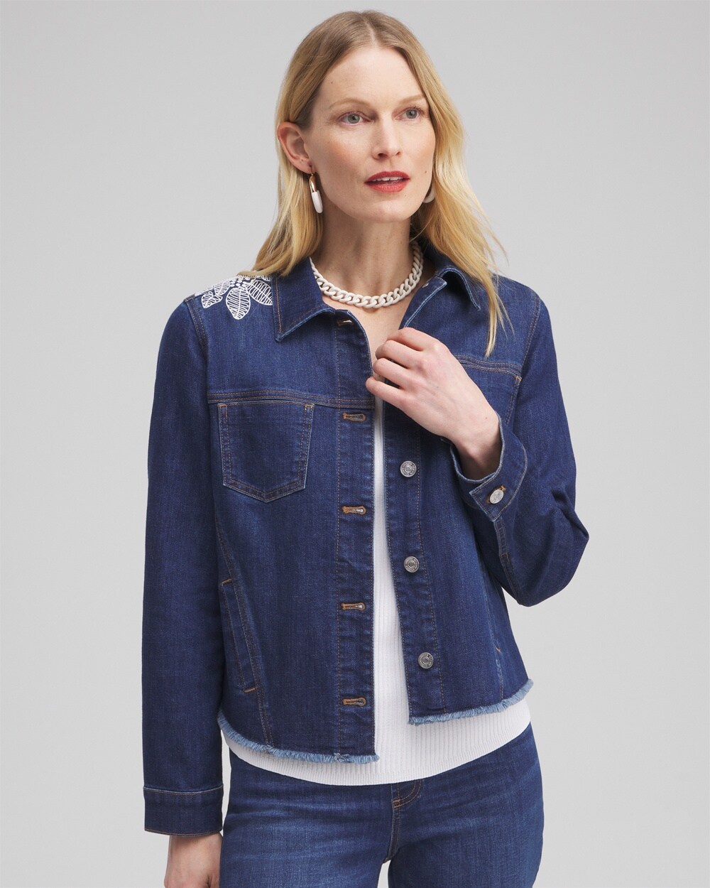 Fray Hem Embroidered Denim Jacket