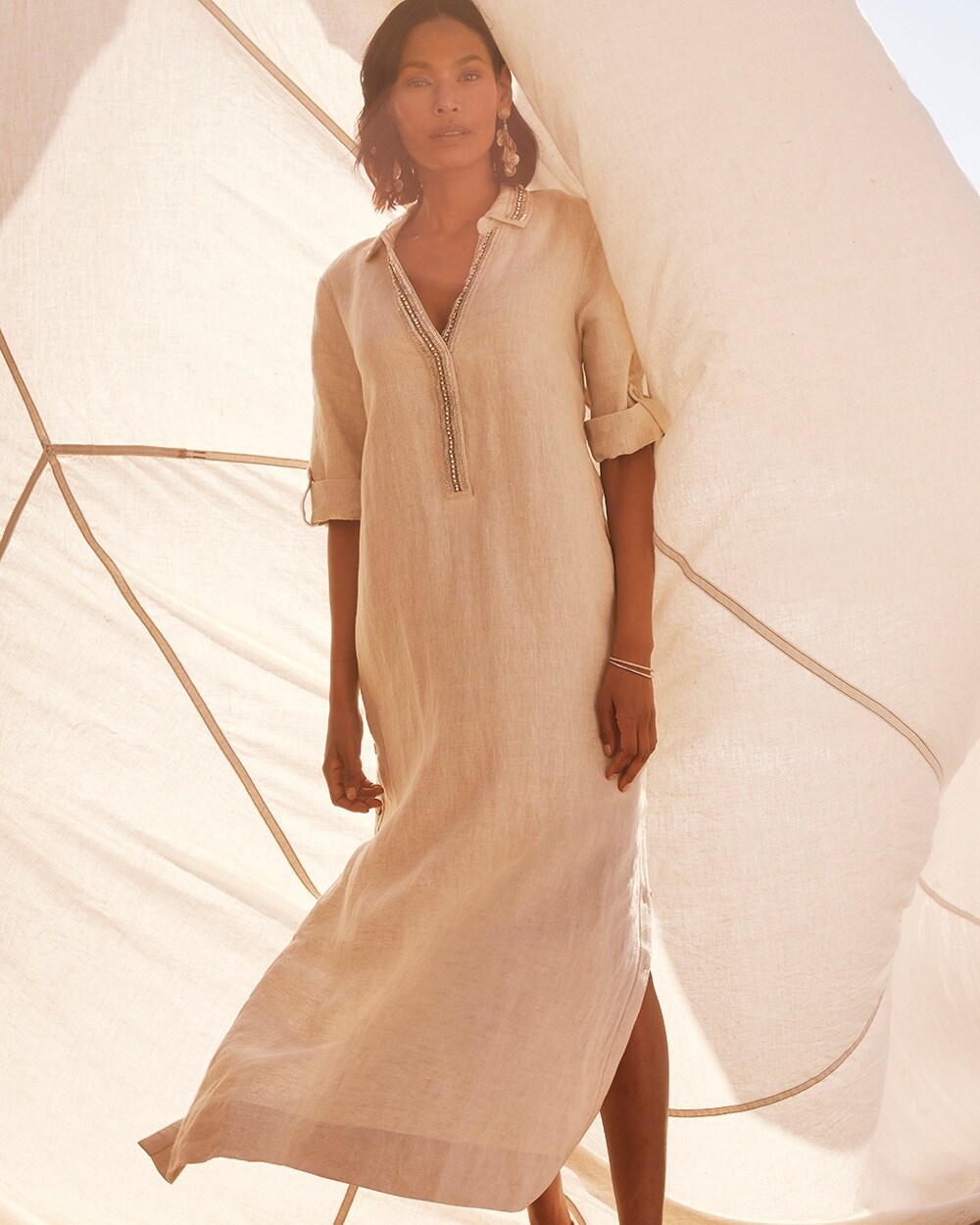 Linen Embellished Maxi Shirt Dress