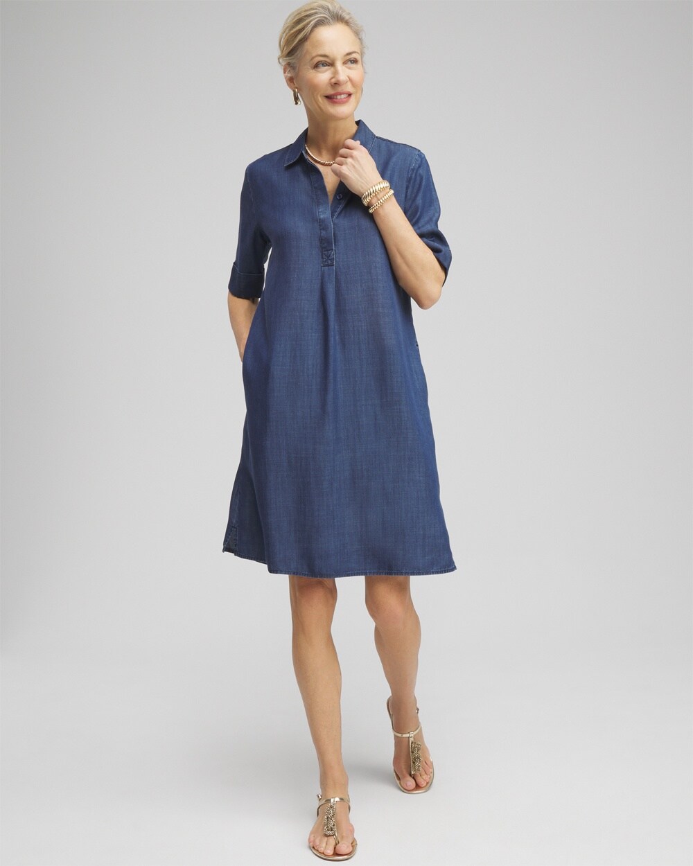 Elbow Sleeve Popover Shirt Dress