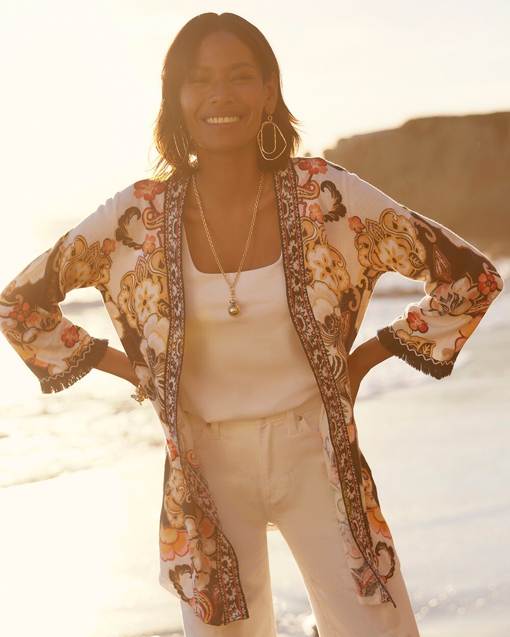 Linen Blend Floral Fringe Cardigan