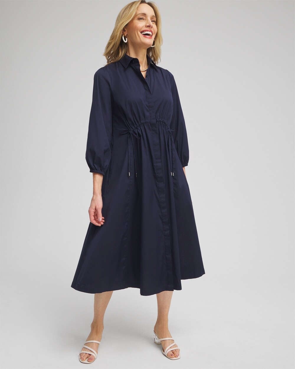 Poplin Adjustable Waist Shirt Dress