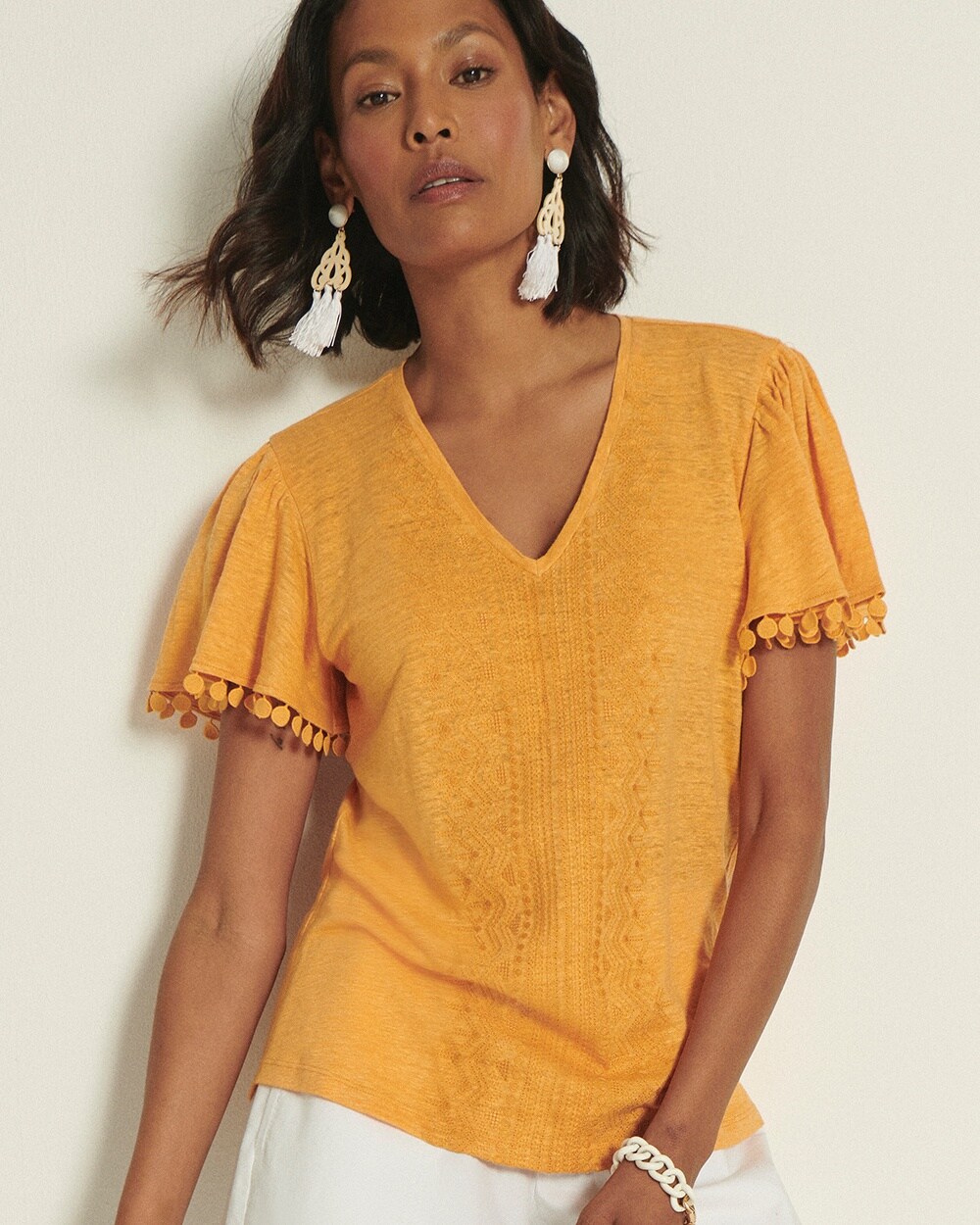 Linen Embroidered Flutter Sleeve Top