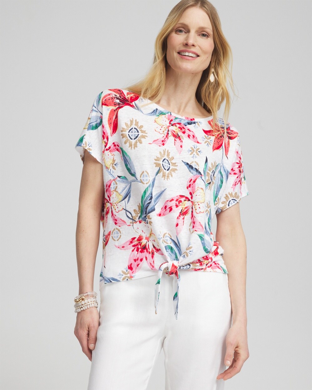 Linen Floral Tie Front Tee