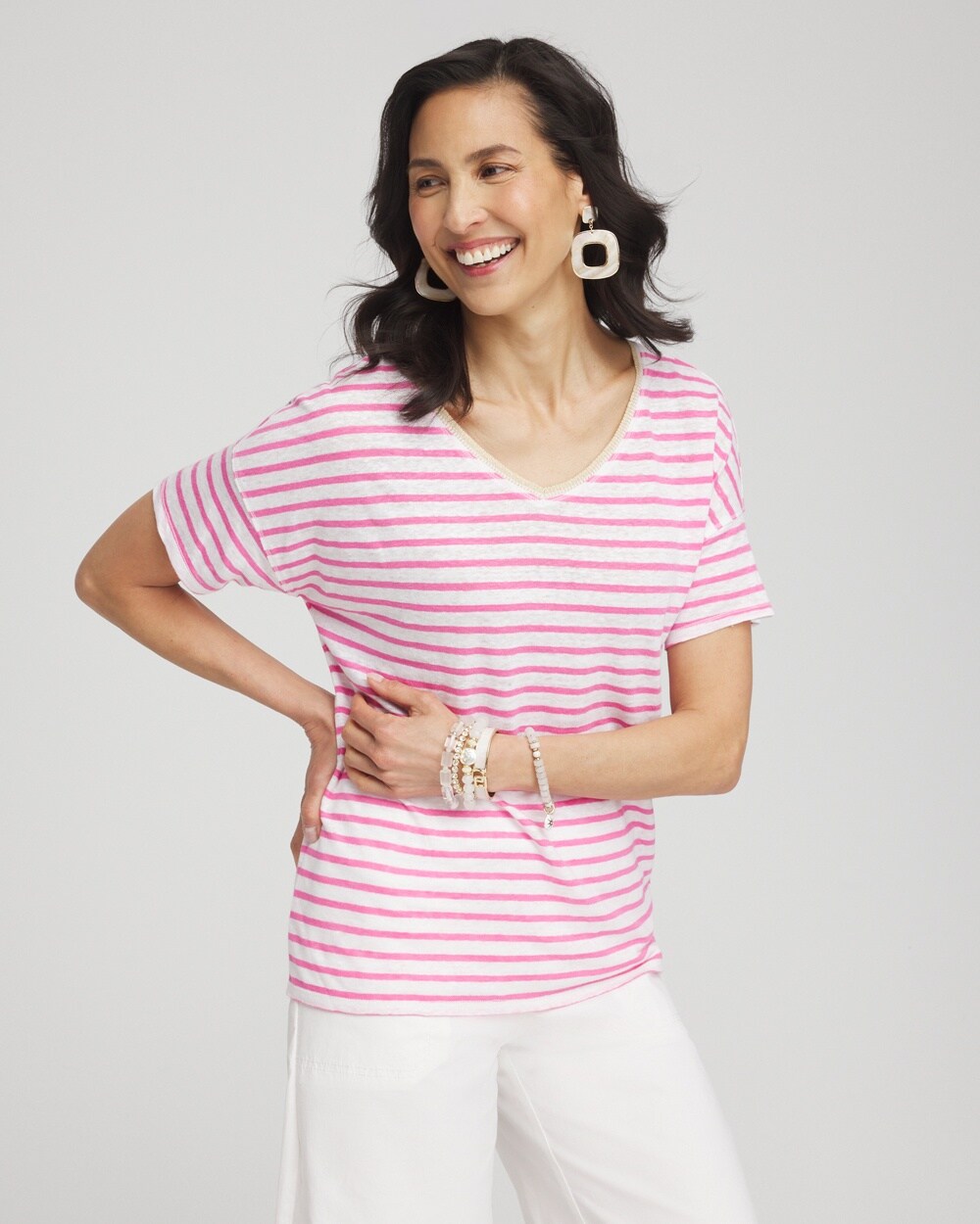 Pink Stripe Sweater Trim Linen Tee