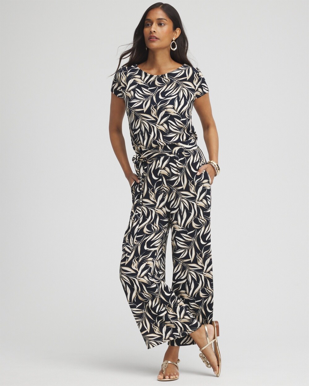 Petite Travelers&#8482; Leaves Belted Jumpsuit