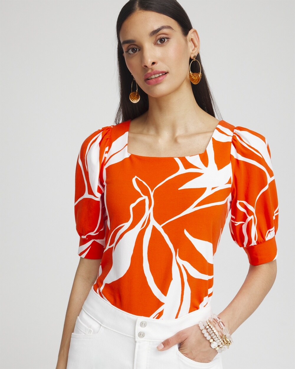 Leaf Print Square Neck Top