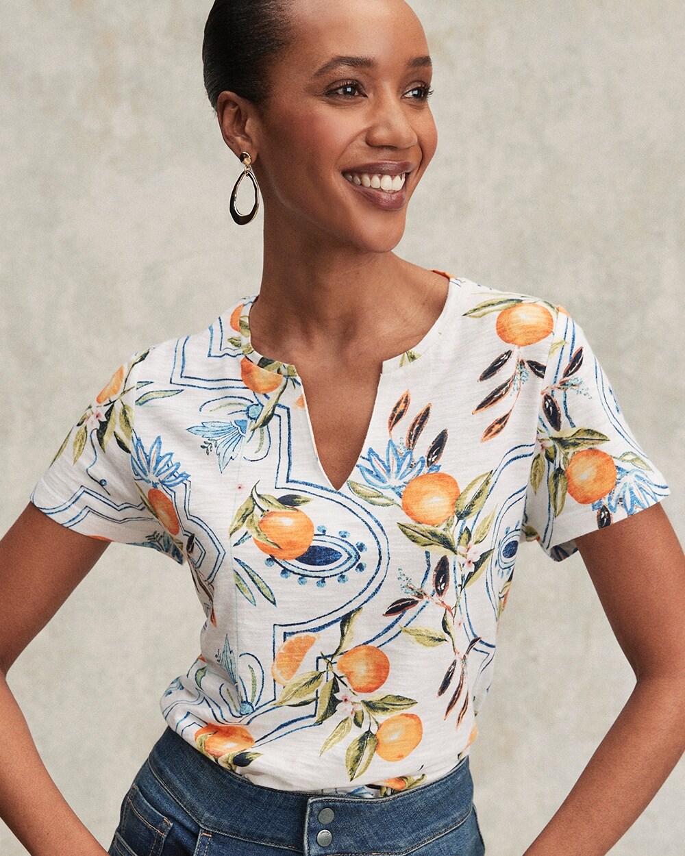 Tropical Print Notch Neck Tee