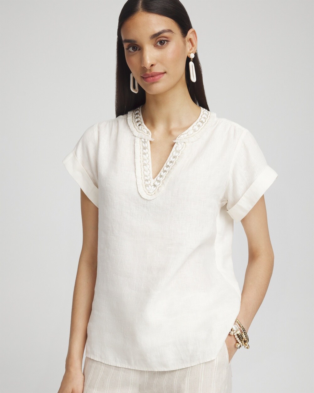 Linen Embellished Neck Top