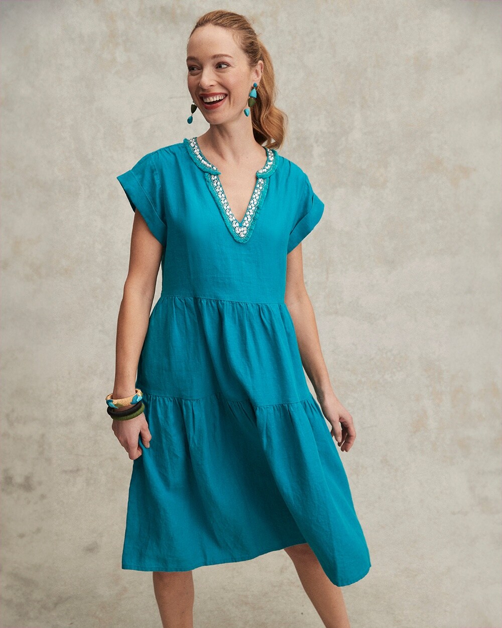 Linen Embellished Cap Sleeve Dress