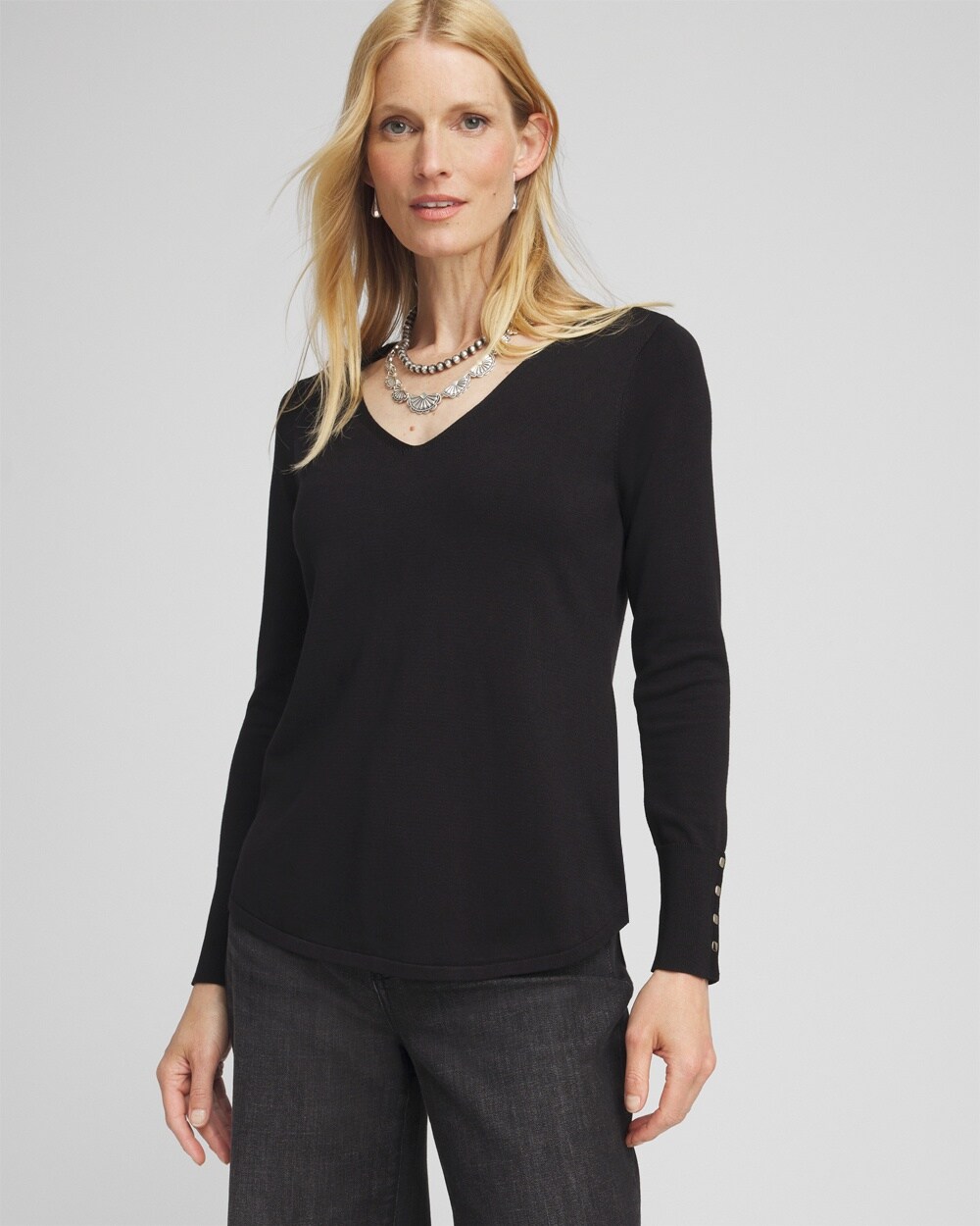 Button Detail V-neck Pullover Sweater