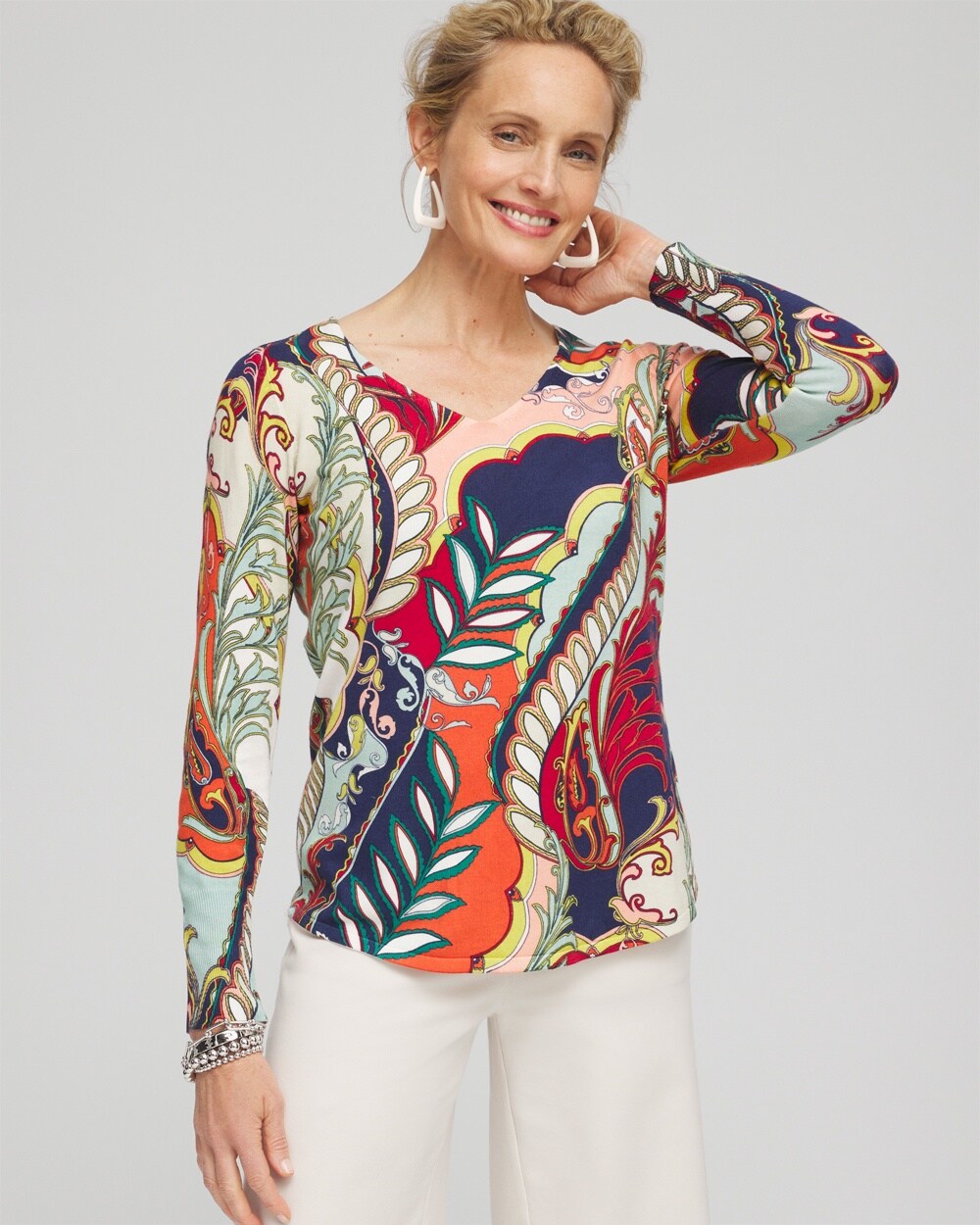 Artisan Print V-neck Pullover Sweater