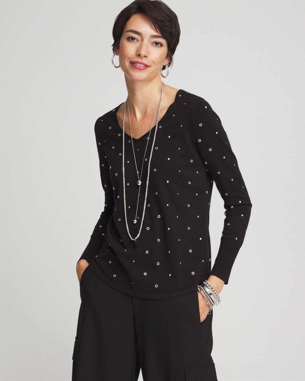 Studded V-neck Pullover Sweater