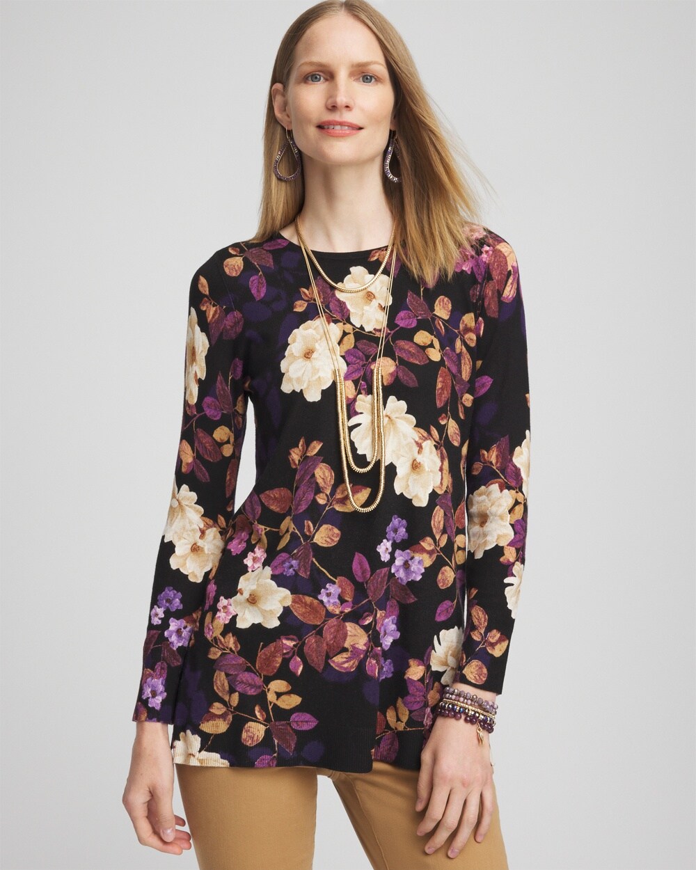 Fall Floral Crew Neck Sweater Tunic