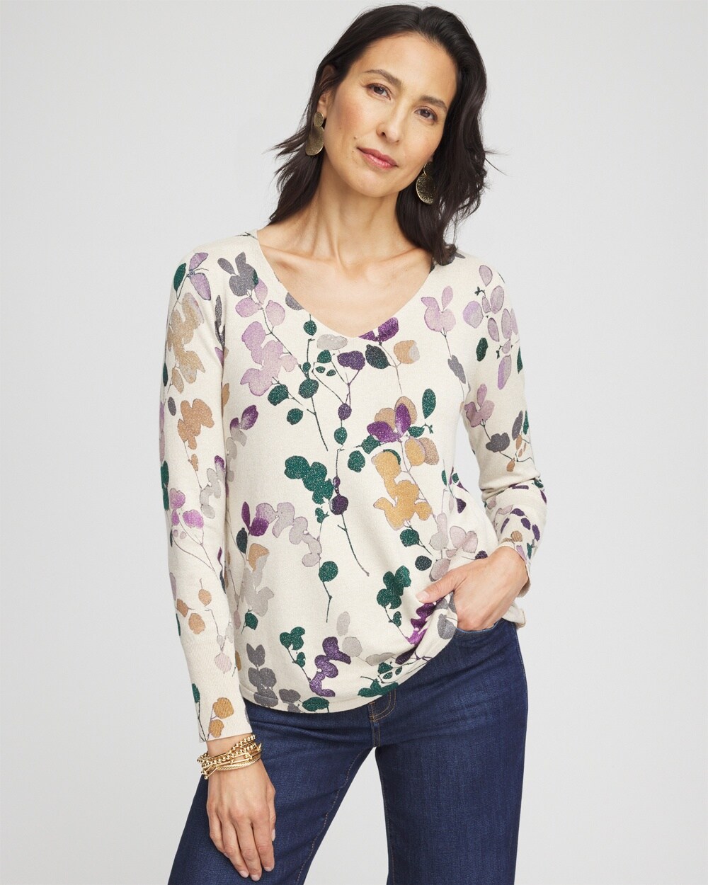 Floral V-Neck Pullover Sweater