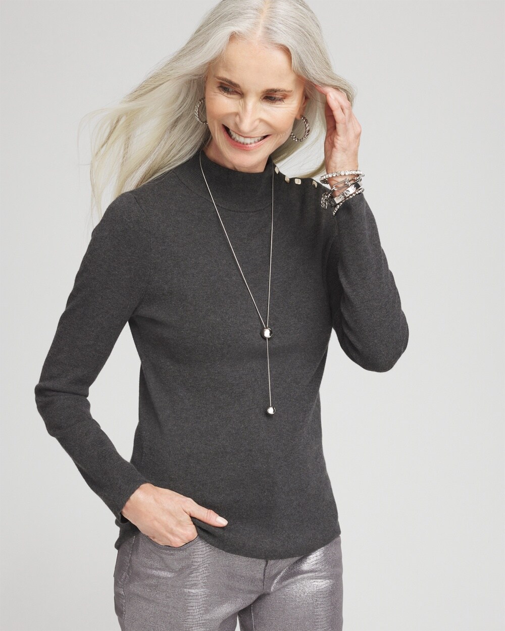 Ecovero&#8482; Button Mock Neck Sweater