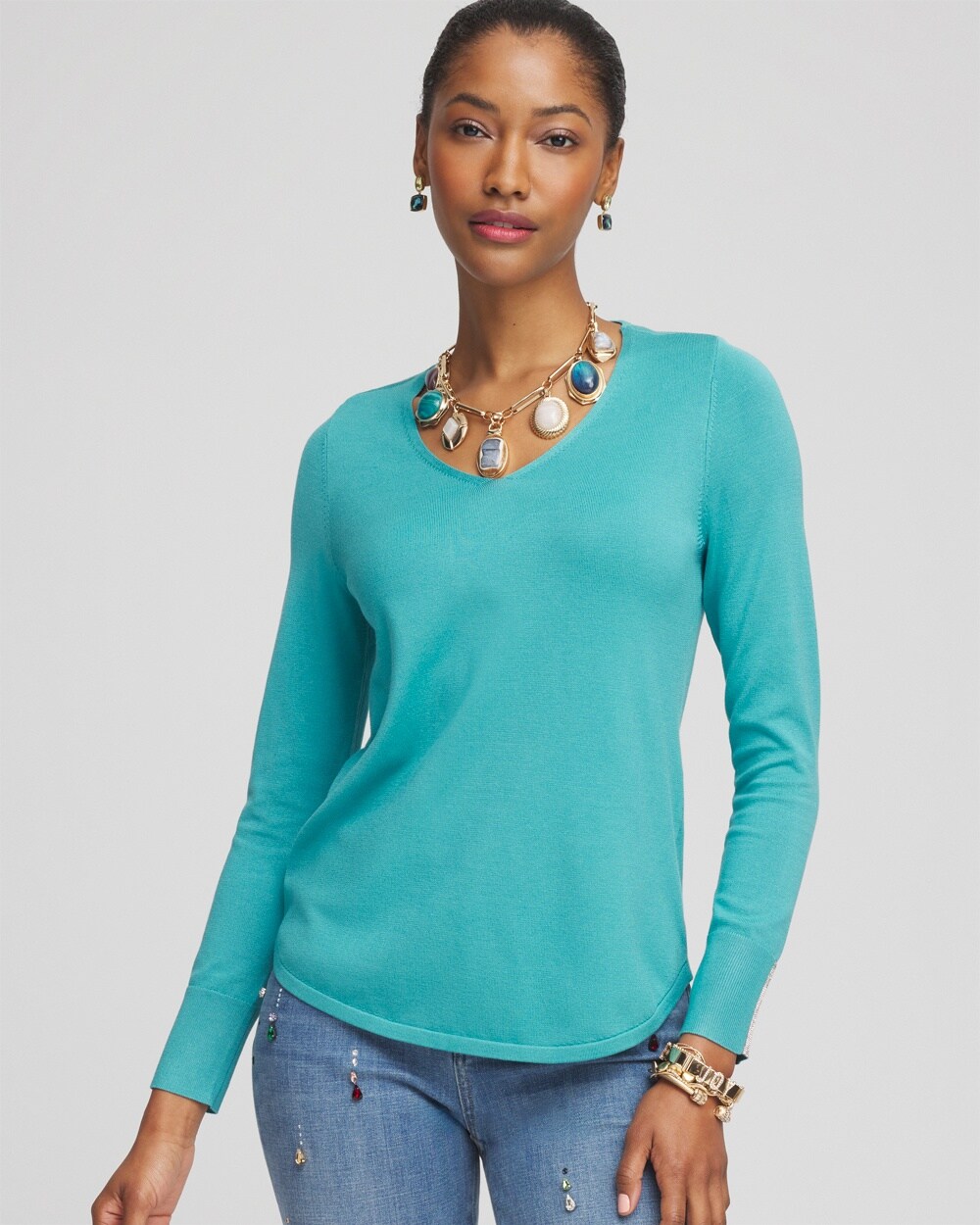 Caviar Trim V-Neck Pullover Sweater