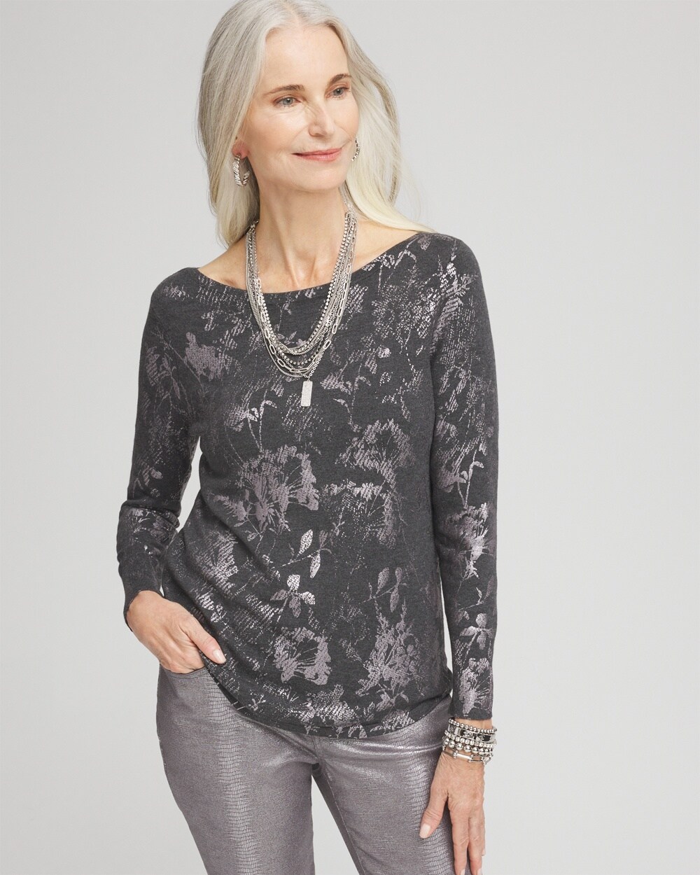 Silver Floral Bateau Neck Sweater