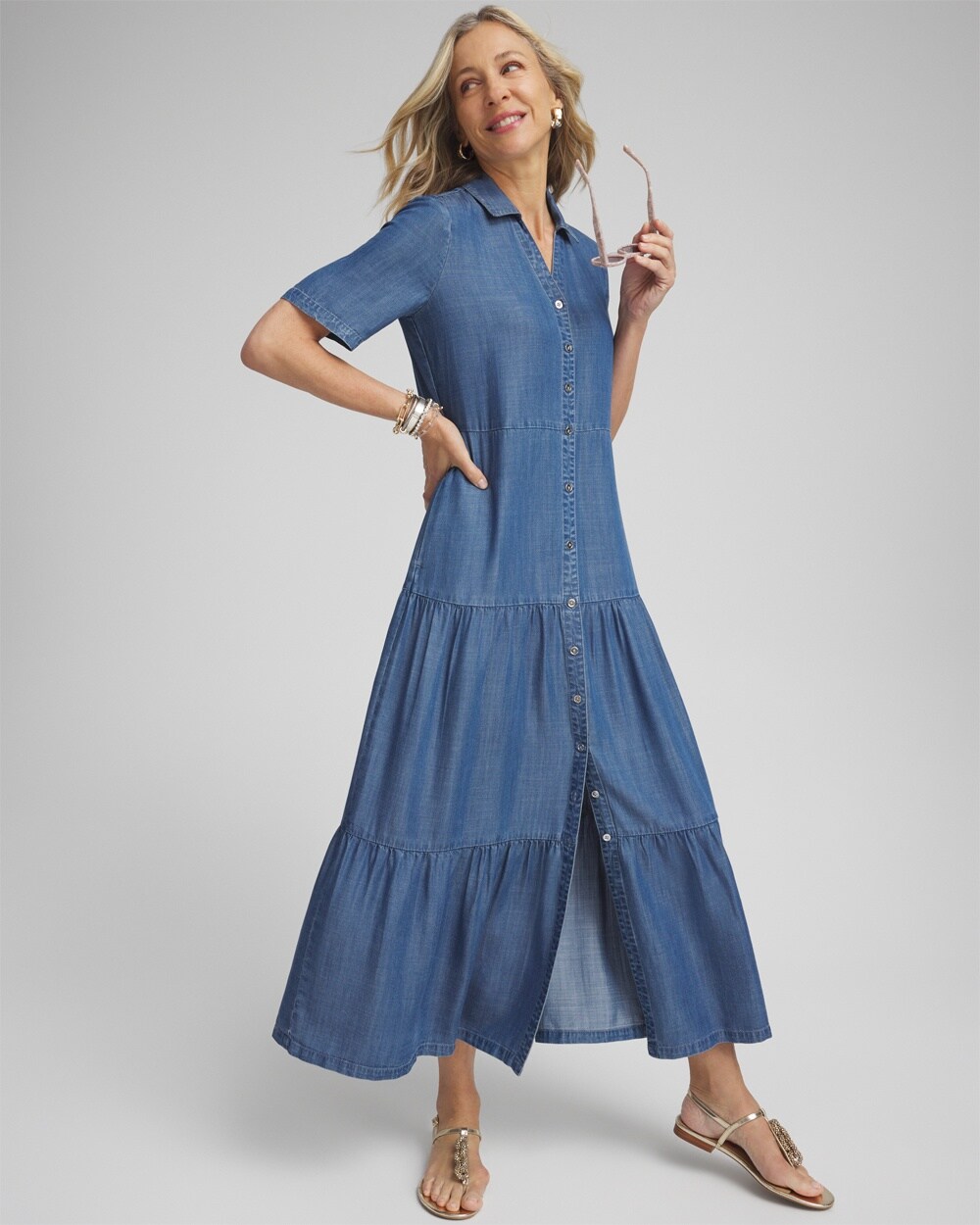 Faux Denim Tiered Shirt Dress