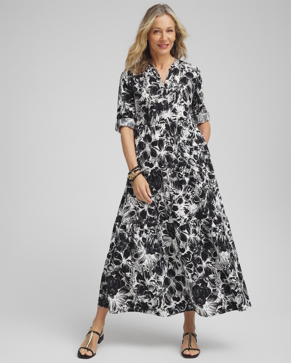 Cotton Roll Tab Sleeve Maxi Dress