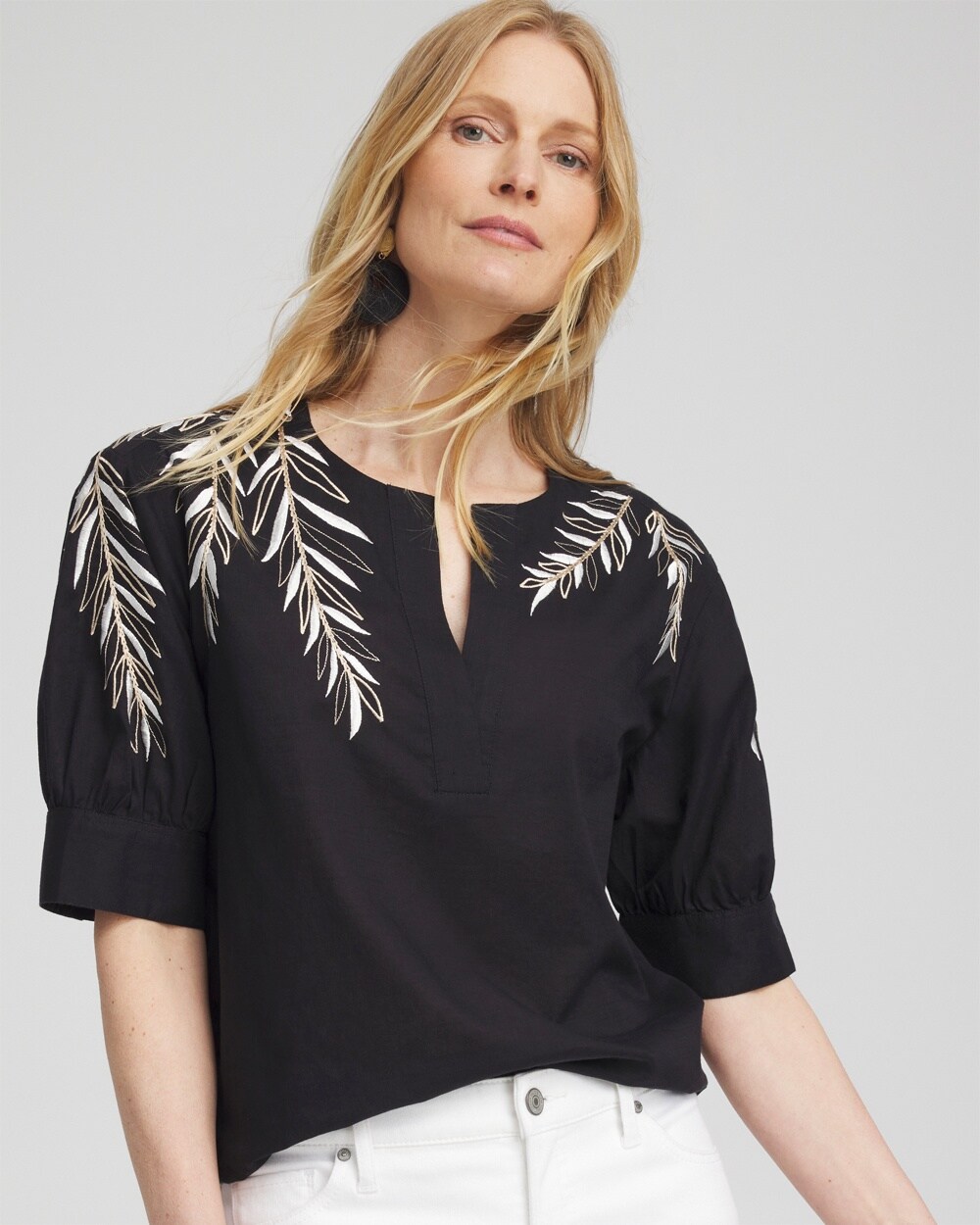 Embroidered Split Neck Top