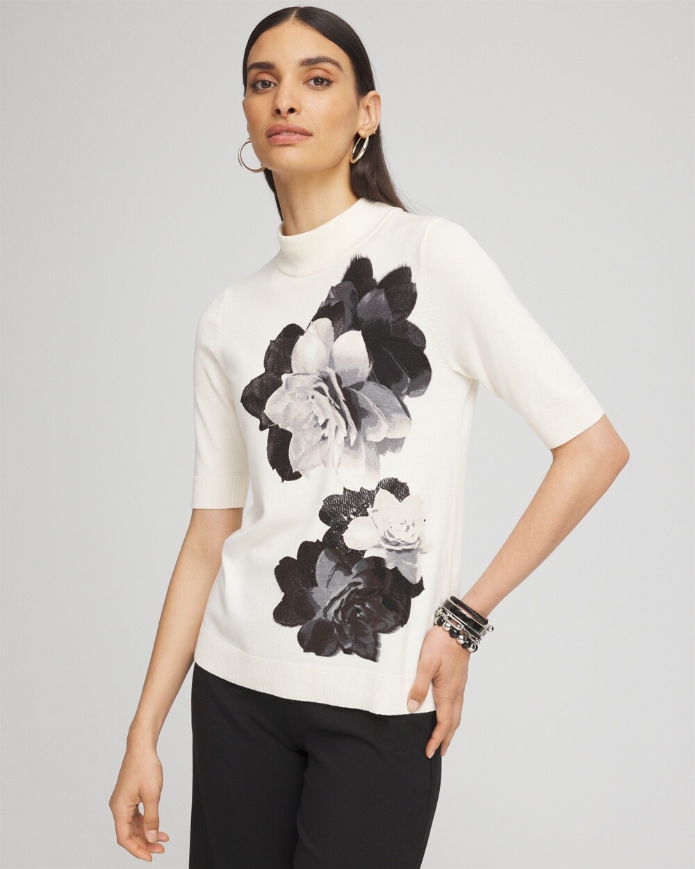 Garden Print Elbow Sleeve Pullover Sweater