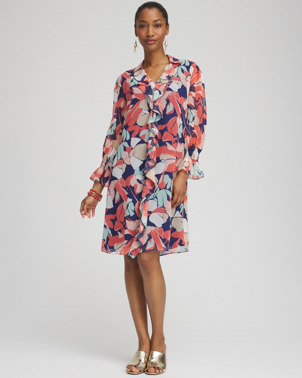 Abstract Ruffle Front Shirt Dress