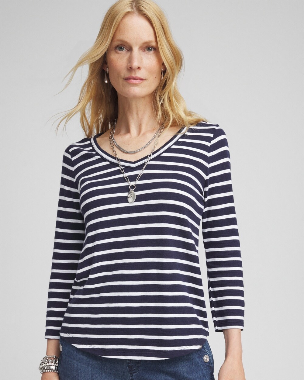 Stripe V-neck 3/4 Sleeve Tee