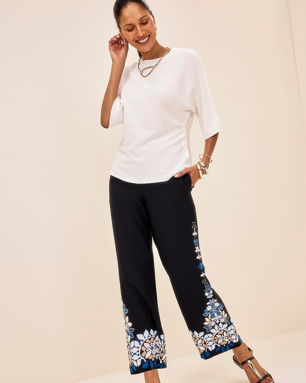 Placed Floral Print Soft Cropped Pants