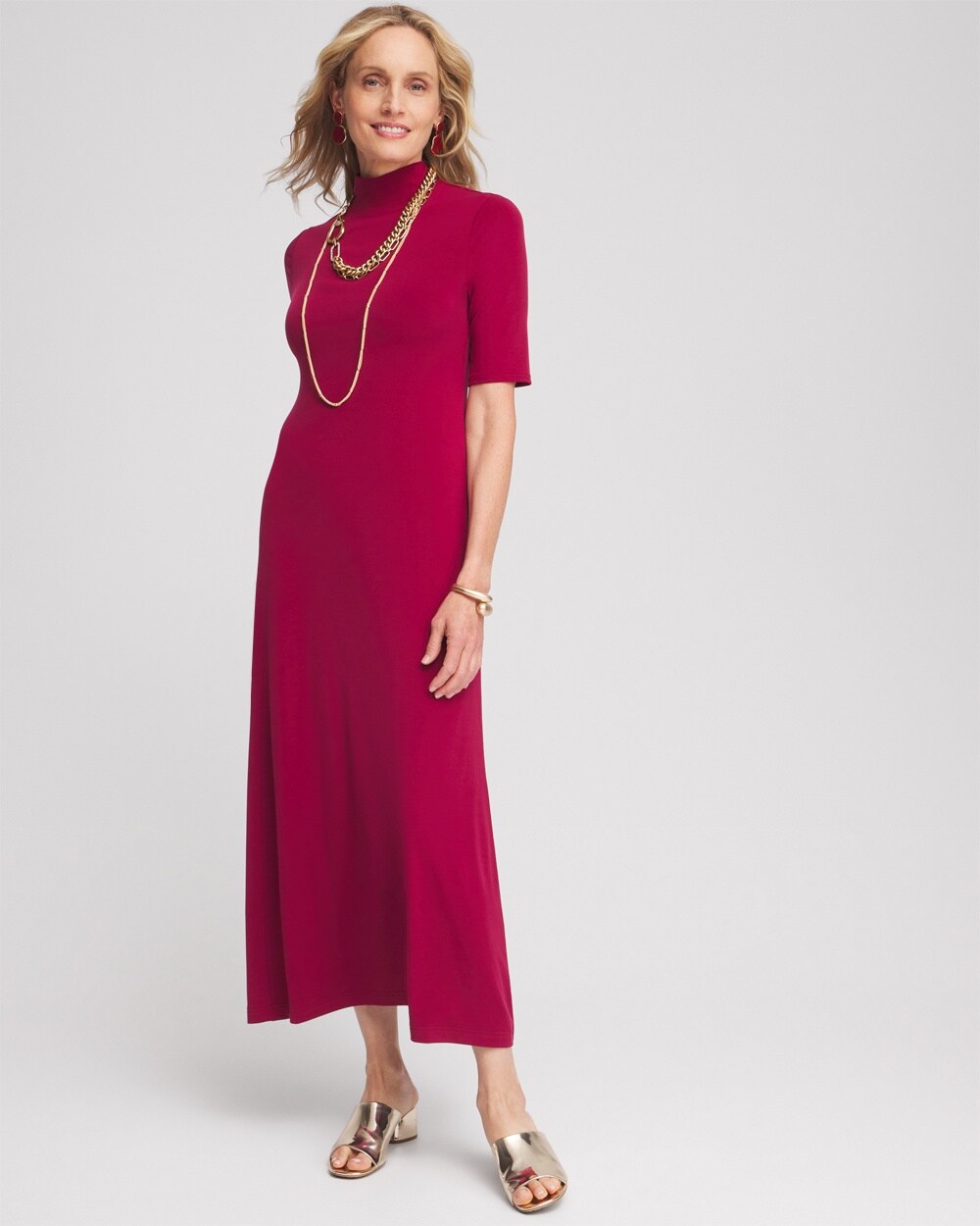 Elbow-sleeve Mock Neck Maxi Dress