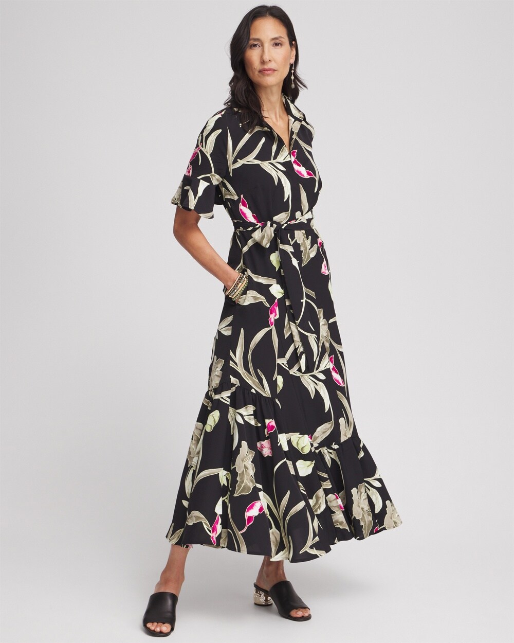 Elbow-sleeve Tiered Maxi Dress